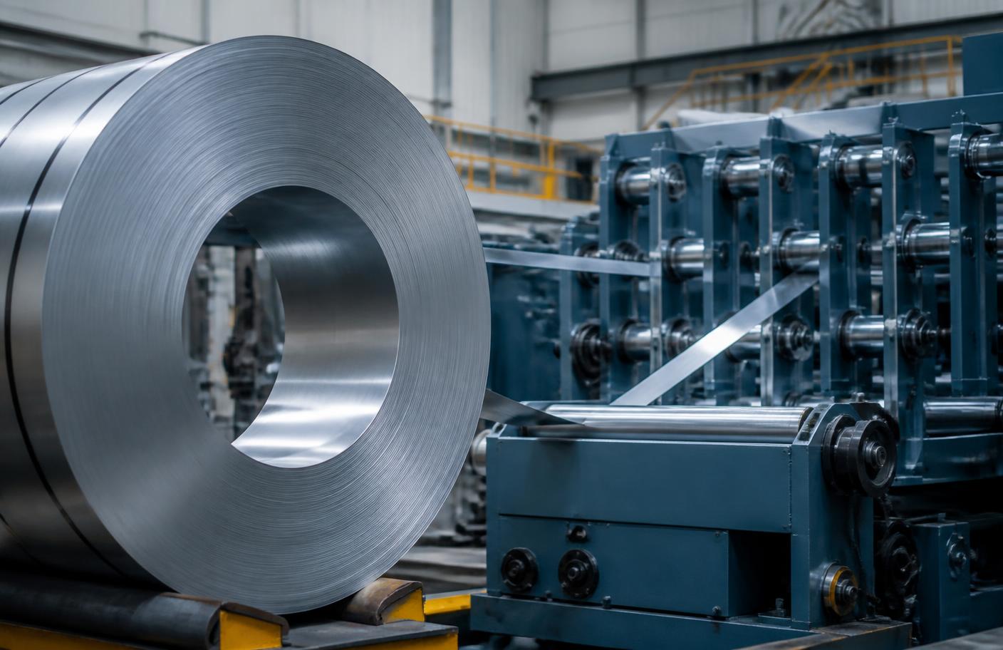 Steel coil staged at the entry section of a roll-forming tube mill